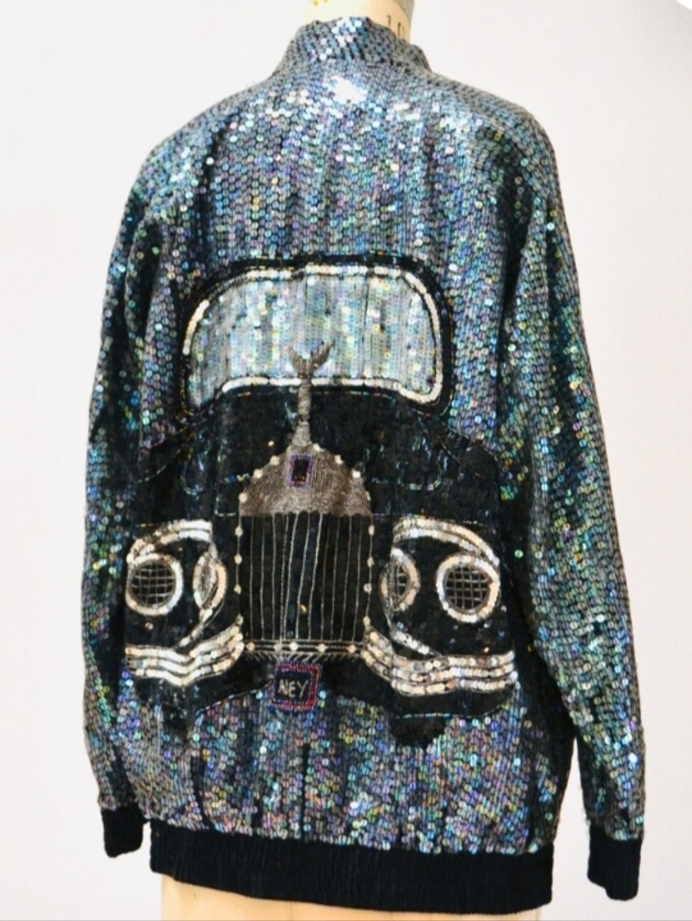 1980's/90's Vintage  Black Sequin Embroidered Car Jacket Rolls Royce